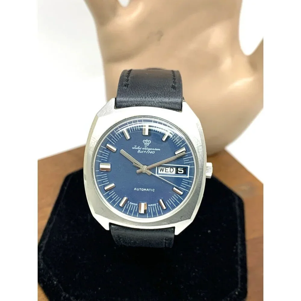 Jules Jurgensen Men's Watch Vintage Swiss Automatic Blue Dial Day Date 35mm